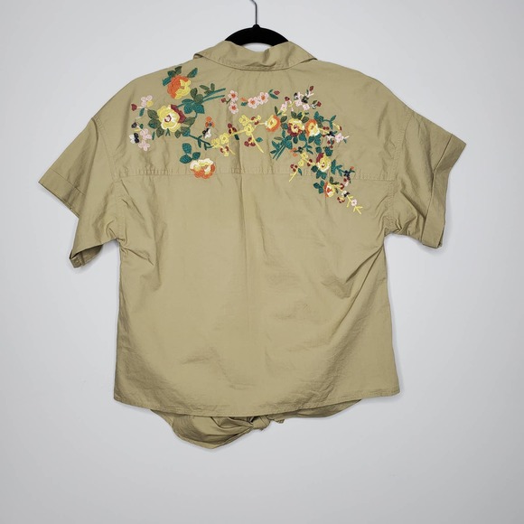 MADEWELL • Khaki Floral Embroidered Short Sleeve Button Top Sz S - Picture 7 of 8